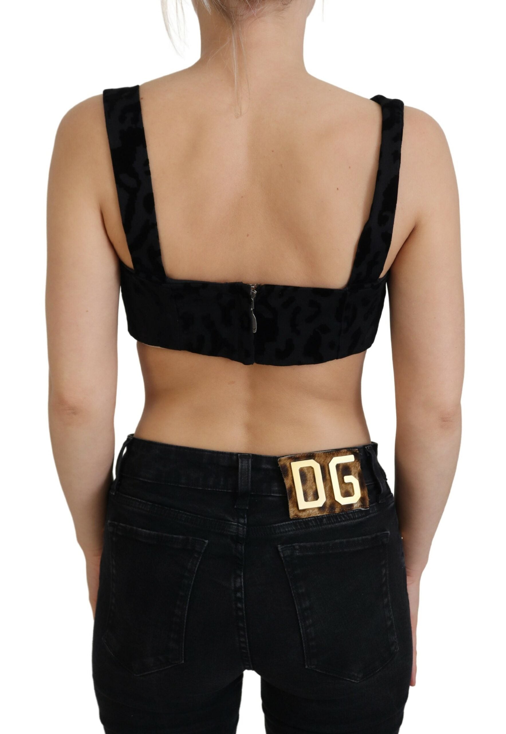 Schwarzes, kurzes Bustier-Korsett-BH-Top mit Leopardenmuster