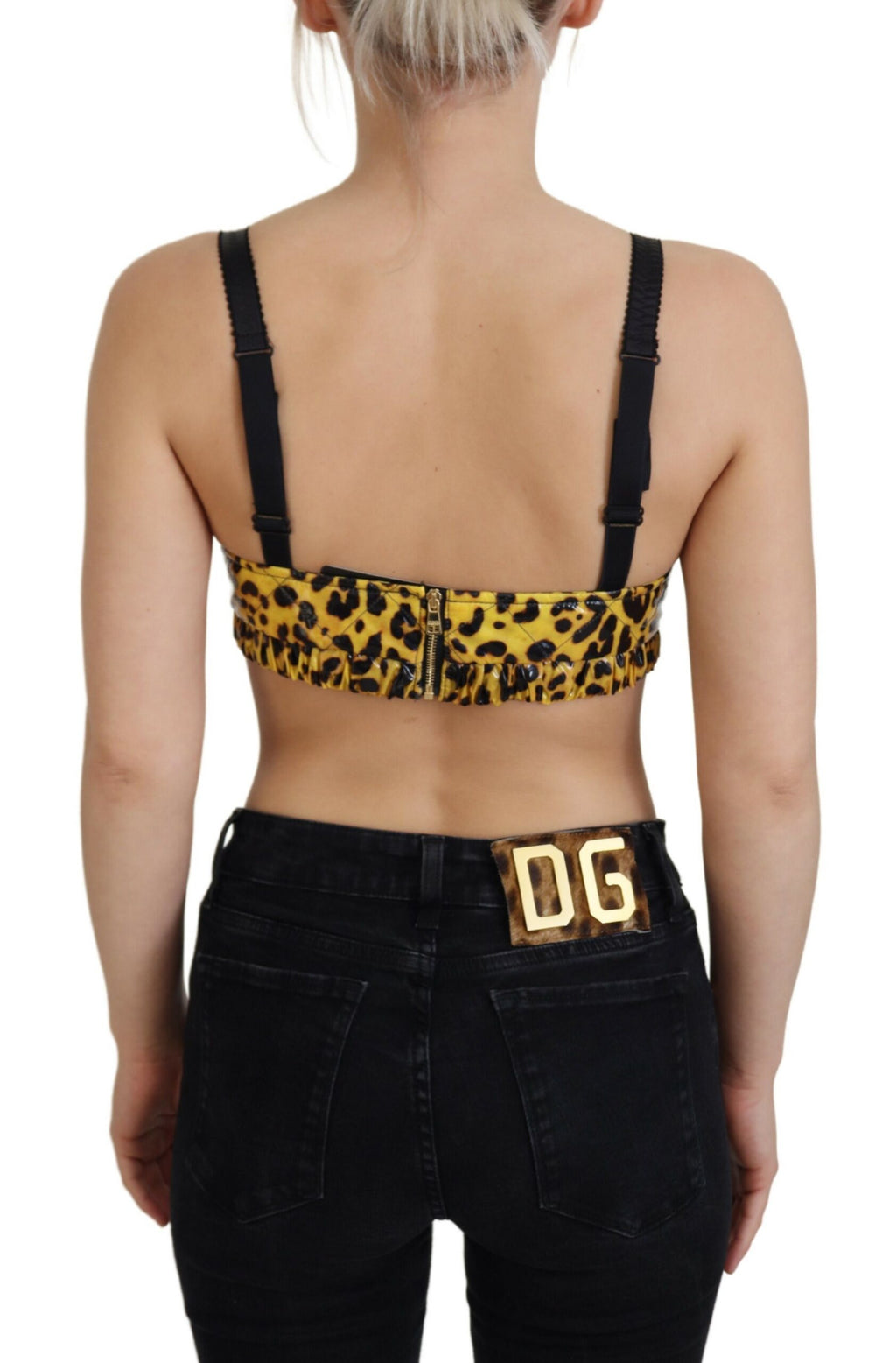 Gelbes, kurzes Bustier-Korsett-BH-Top mit Leopardenmuster