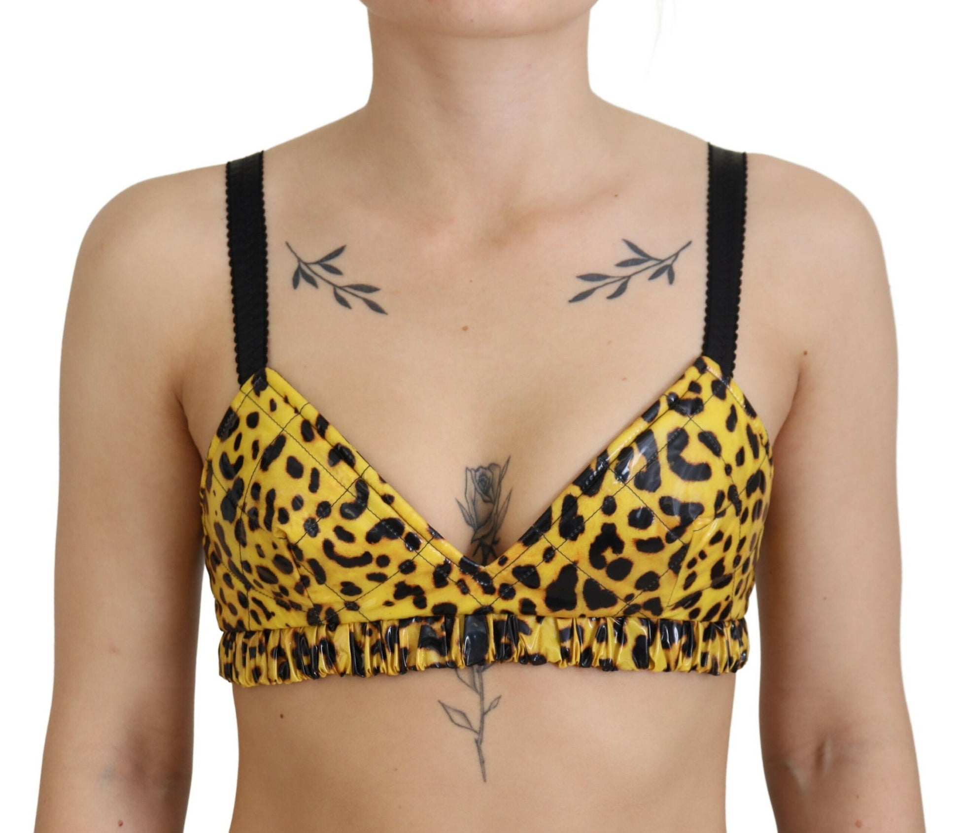 Gelbes, kurzes Bustier-Korsett-BH-Top mit Leopardenmuster