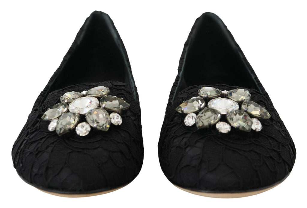 Schwarze flache Schuhe „Taormina“ mit Spitze und Kristallen