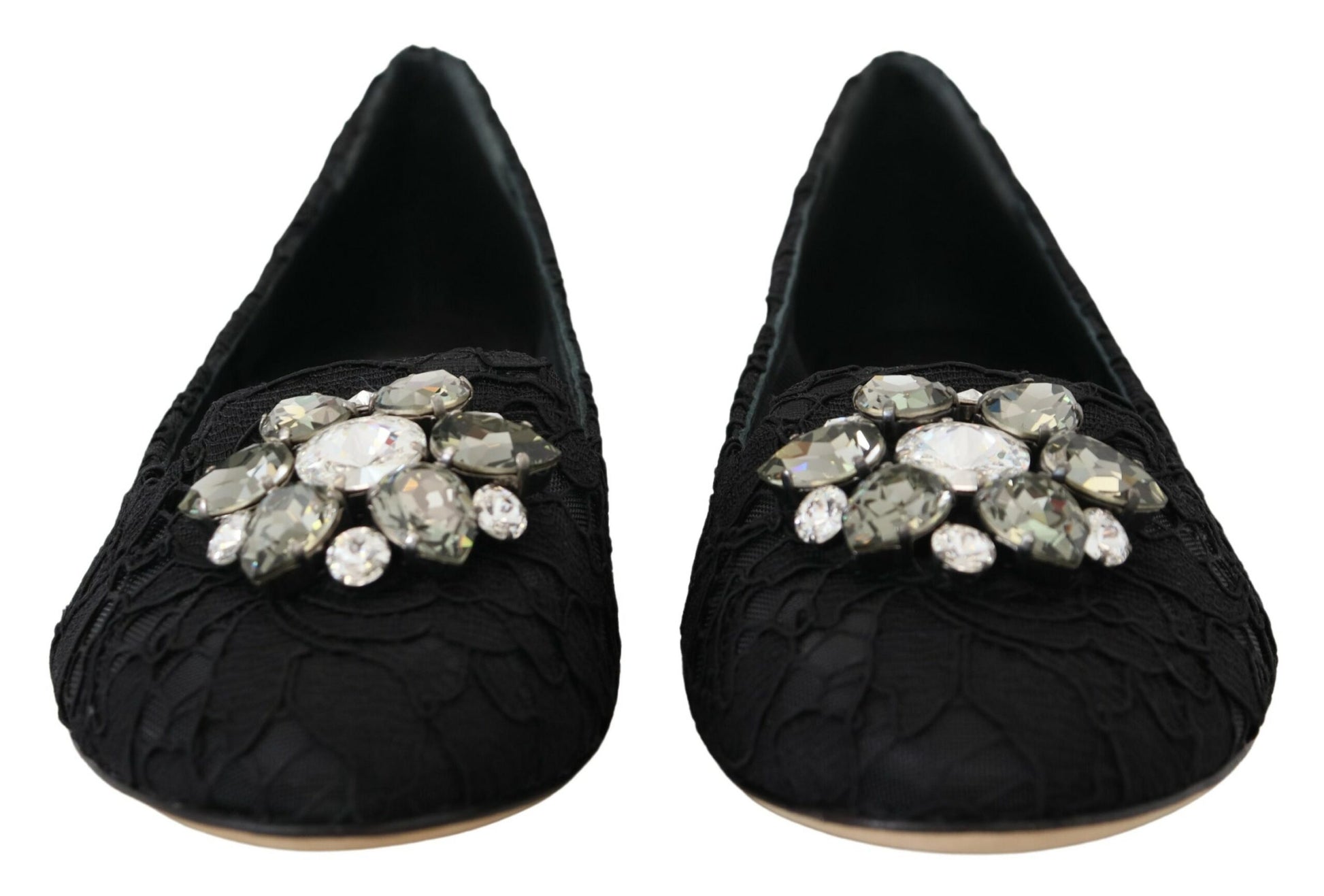 Schwarze flache Schuhe „Taormina“ mit Spitze und Kristallen