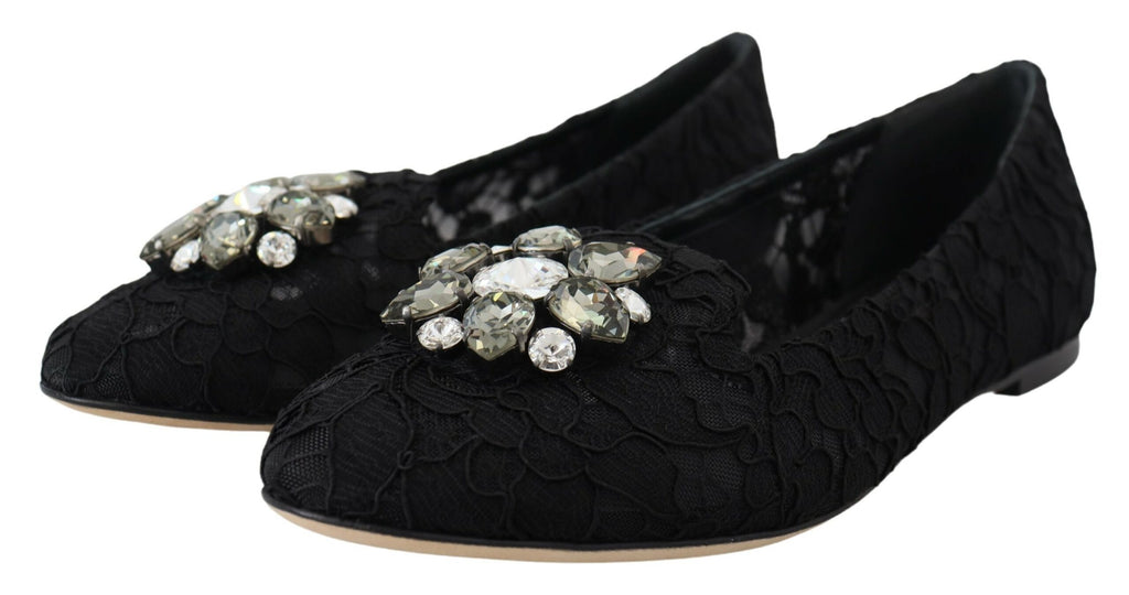 Schwarze flache Schuhe „Taormina“ mit Spitze und Kristallen