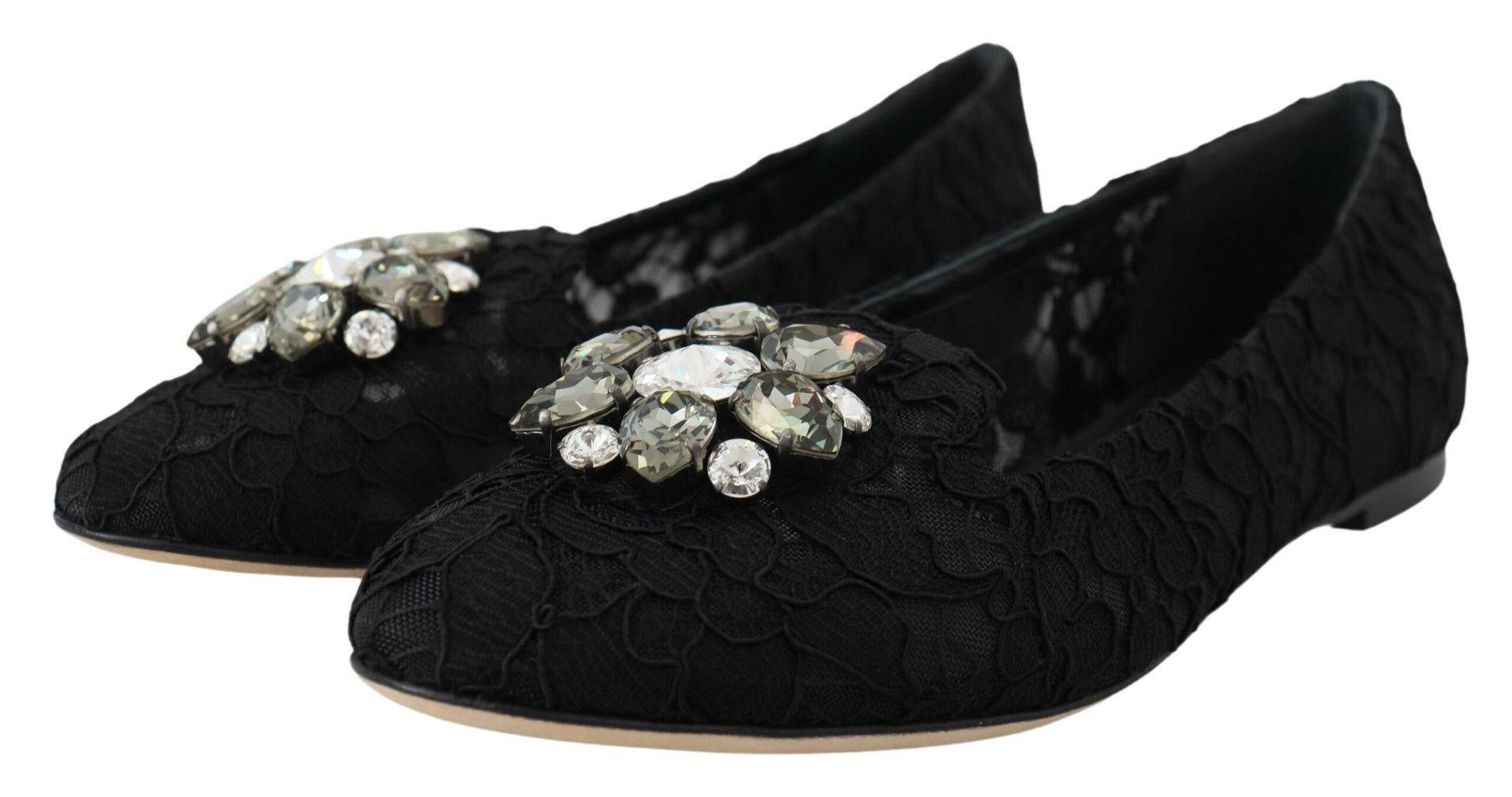 Schwarze flache Schuhe „Taormina“ mit Spitze und Kristallen