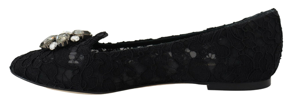 Schwarze flache Schuhe „Taormina“ mit Spitze und Kristallen