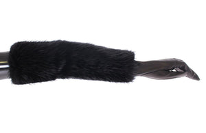 Schwarze Ellbogenhandschuhe aus Biberfell und Lammleder