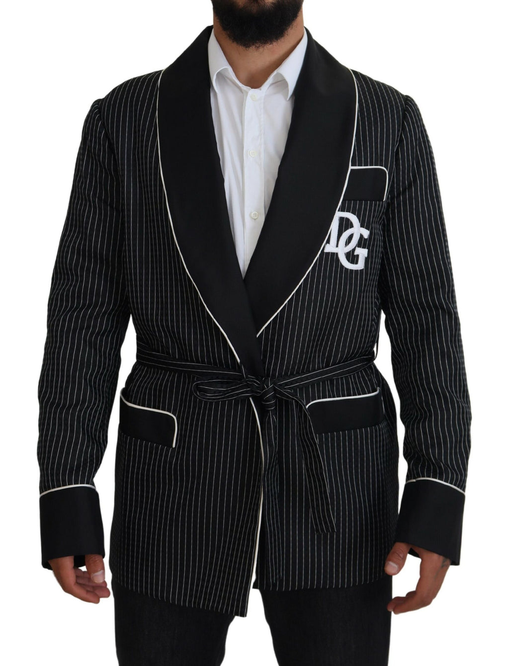 Schwarze Robe gestreifte DG Patch Jacke Herren Blazer