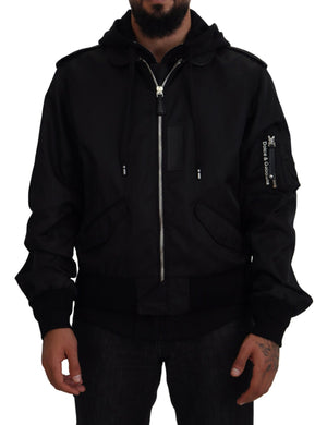 Schwarze Nylon-Kapuzenjacke mit durchgehendem Reißverschluss für Herren