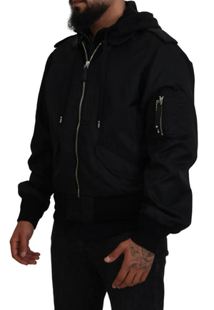Schwarze Nylon-Kapuzenjacke mit durchgehendem Reißverschluss für Herren