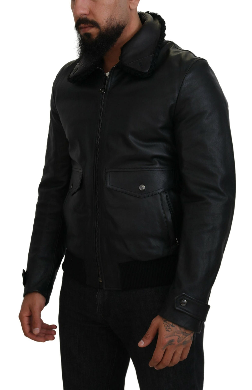 Schwarze Herrenmanteljacke aus Lammleder mit Kragen