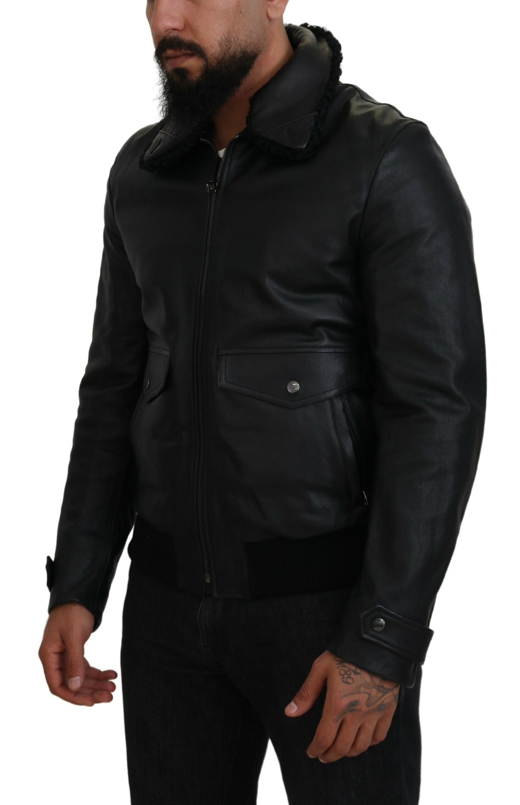 Schwarze Herrenmanteljacke aus Lammleder mit Kragen