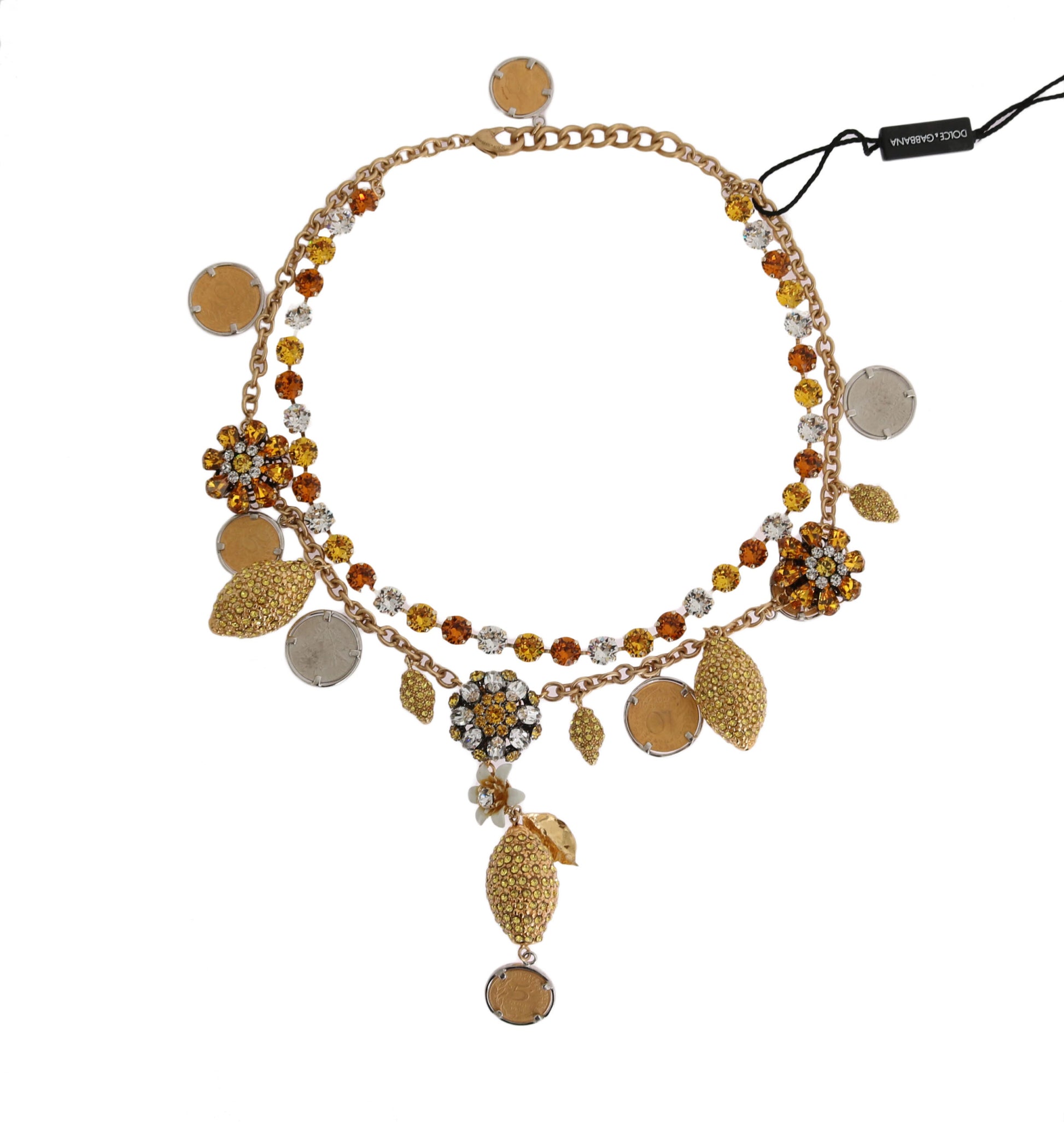 Statement-Halskette mit Ananas-Logo aus goldenem Messing und Kristallen