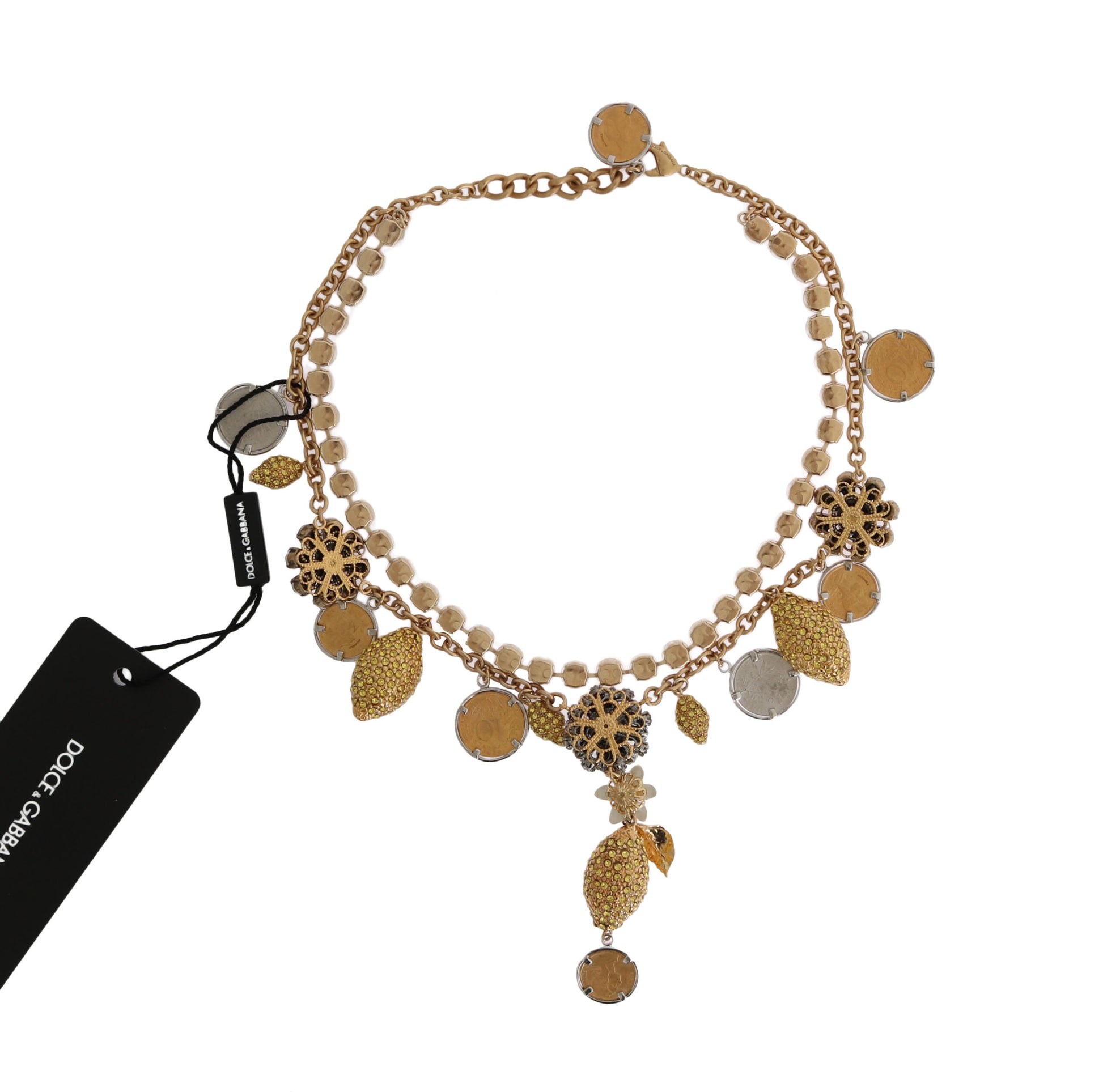 Statement-Halskette mit Ananas-Logo aus goldenem Messing und Kristallen