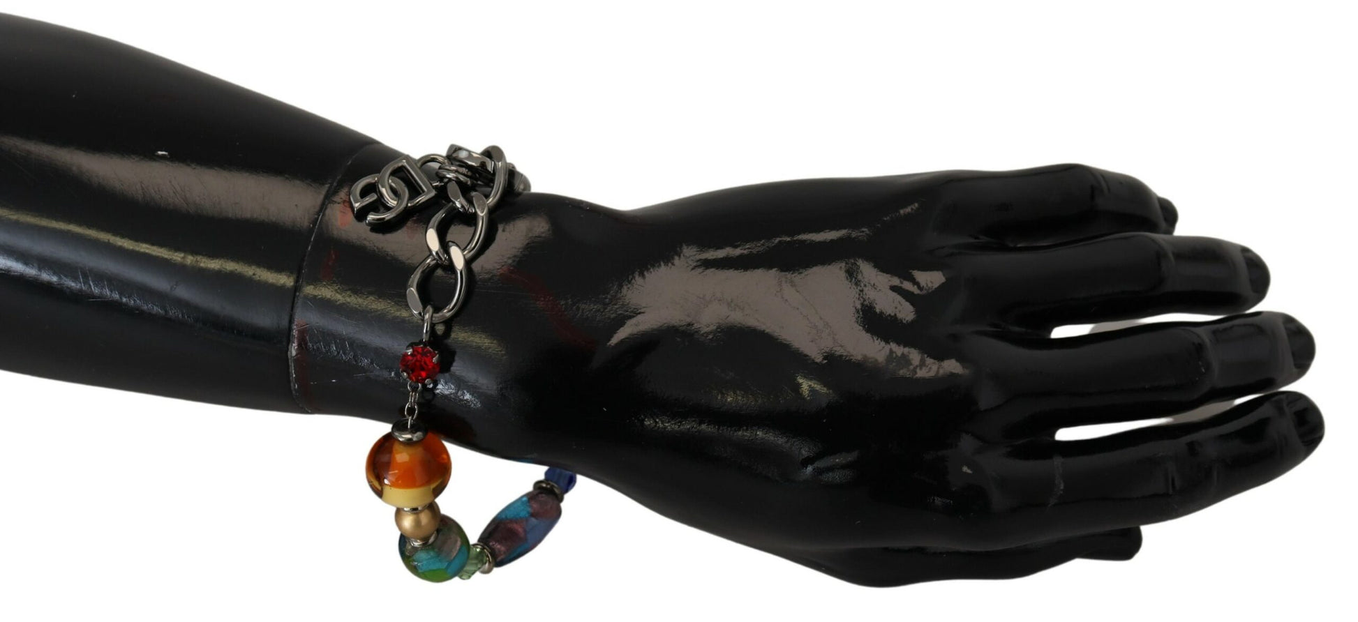 mehrfarbiges Armband mit Silberkette und Messingperlen und Karabinerverschluss