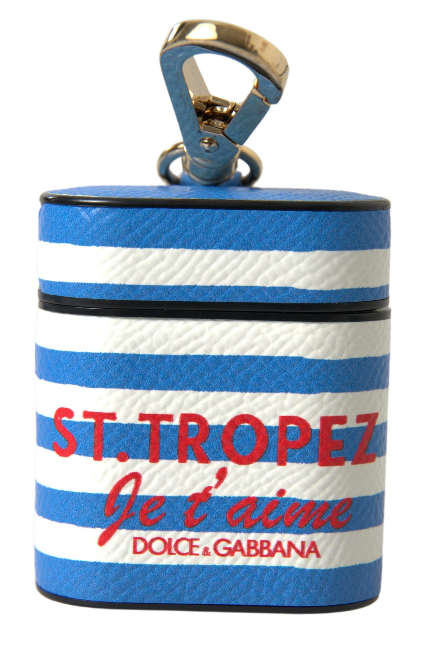 Airpod-Hülle aus Dauphine-Leder mit blauen Streifen und Logo-Print