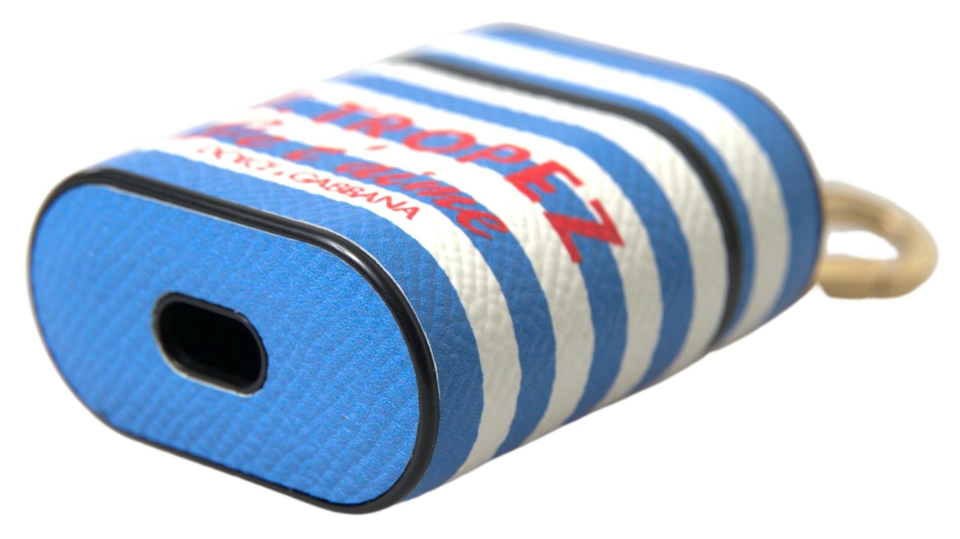 Airpod-Hülle aus Dauphine-Leder mit blauen Streifen und Logo-Print