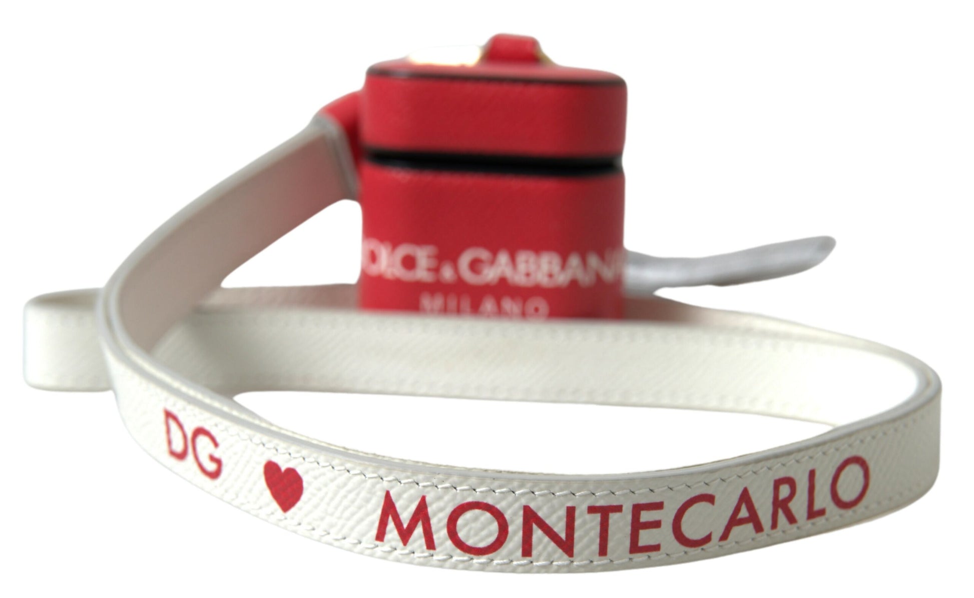 Rotes Leder-Airpods-Etui mit goldfarbenem Metall-Logo-Print