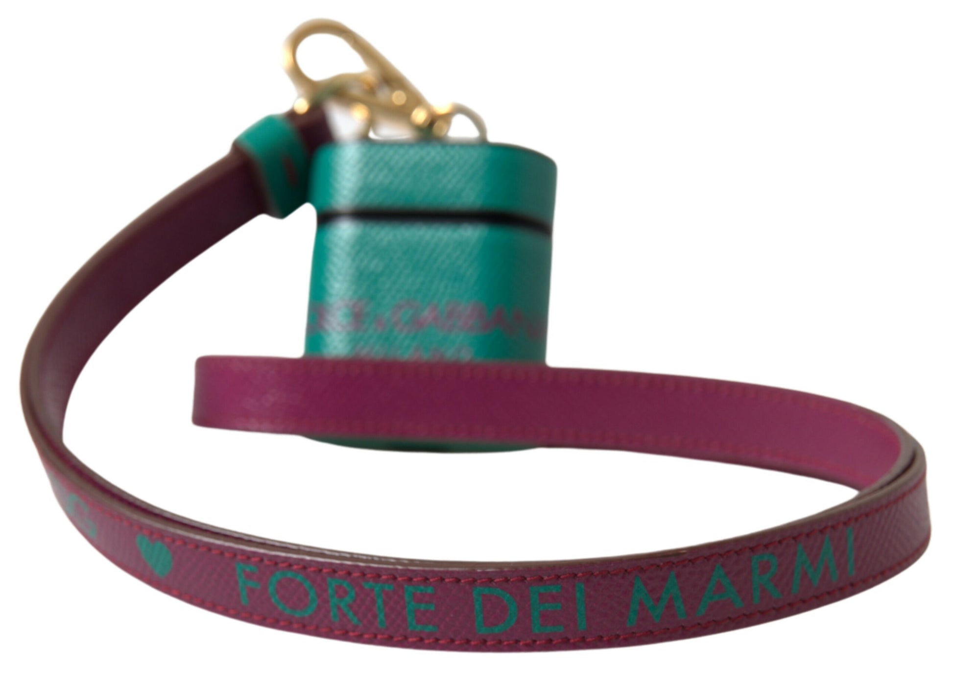 Grünes, kastanienbraunes Airpods-Etui mit Logo-Print-Riemen aus Kalbsleder