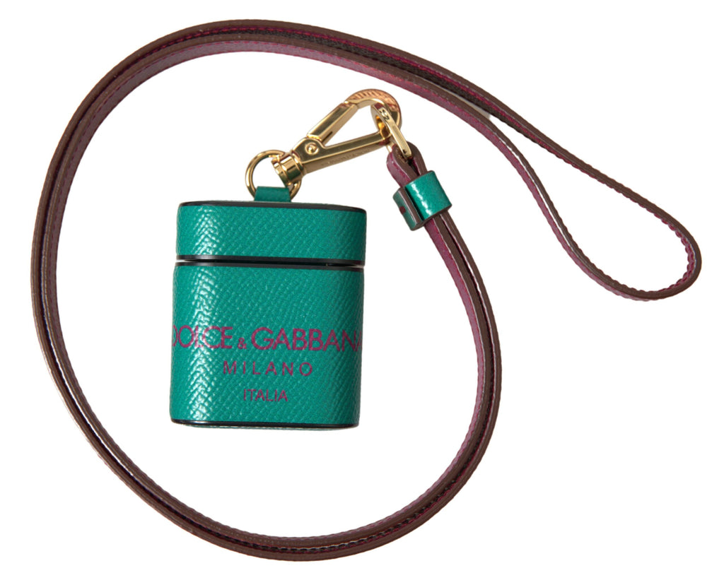 Grünes, kastanienbraunes Airpods-Etui mit Logo-Print-Riemen aus Kalbsleder