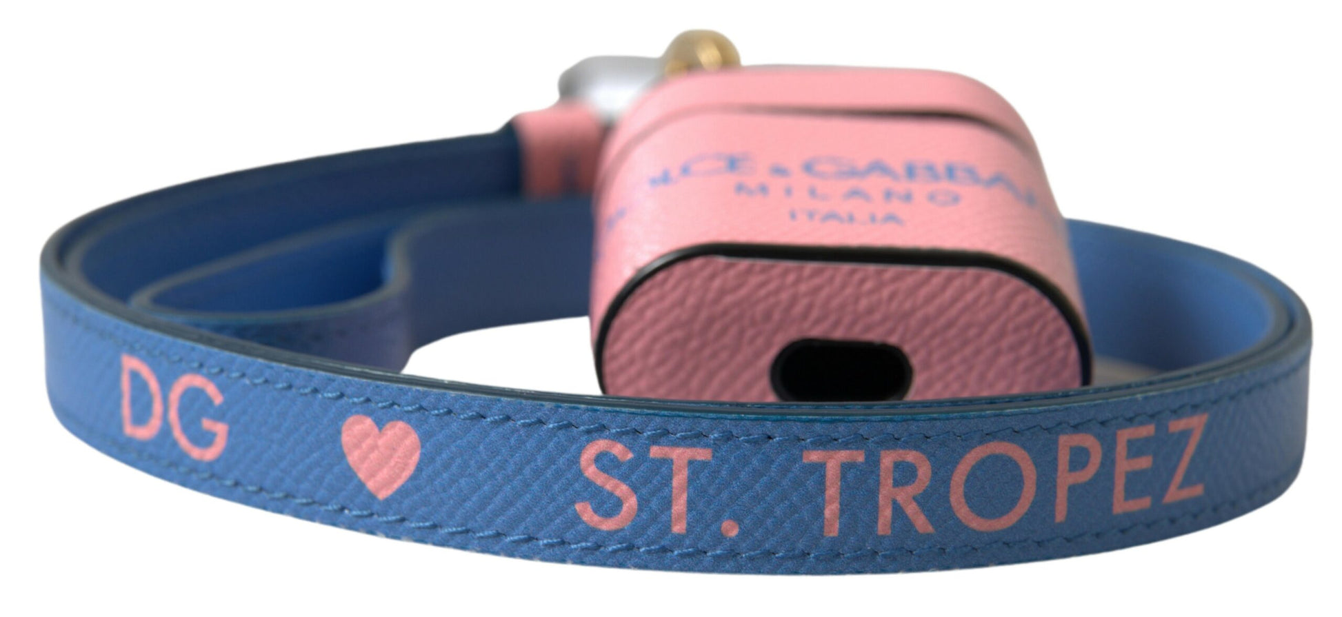 Airpods-Hülle mit Riemen aus rosa-blauem Kalbsleder mit Logo-Print