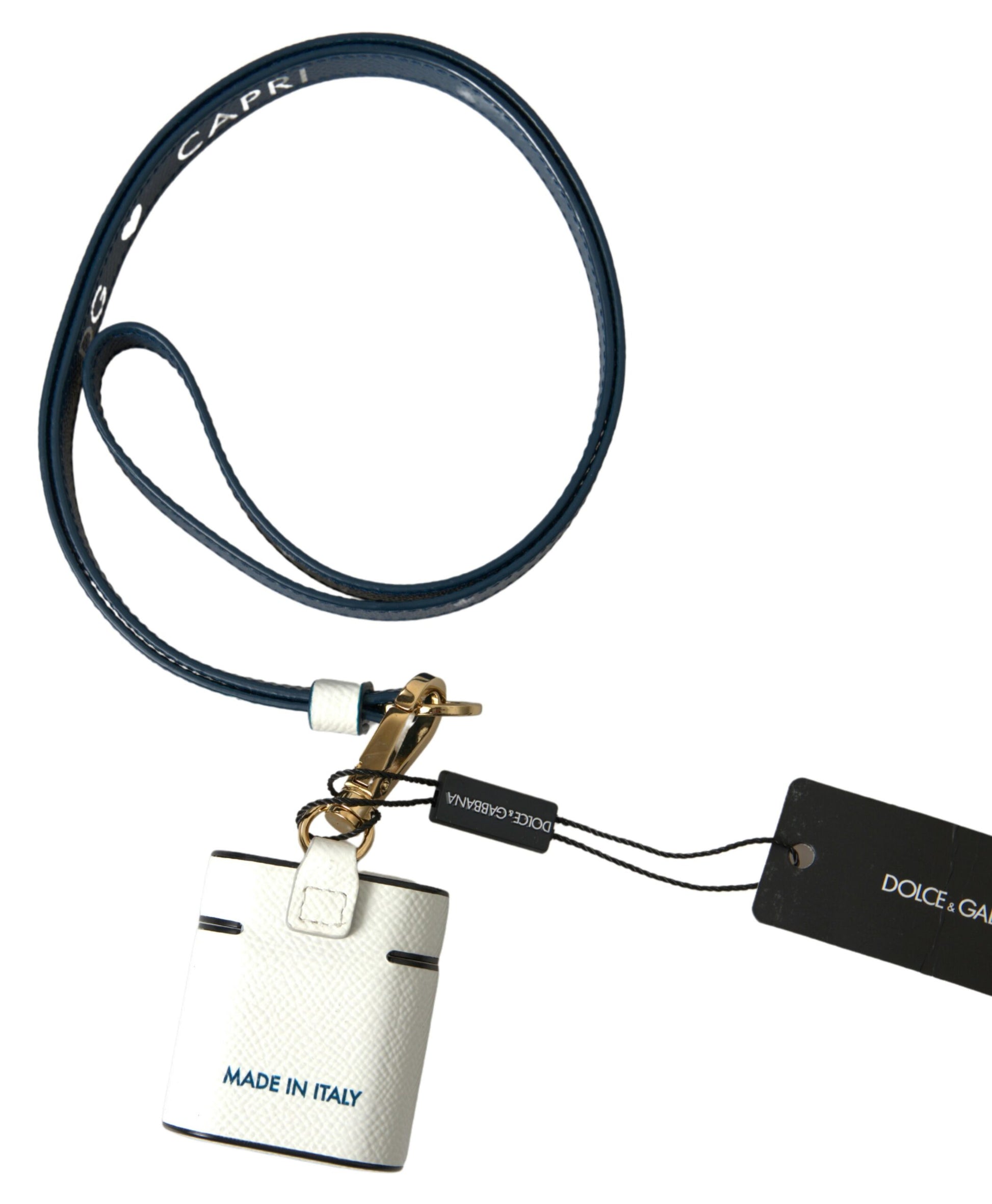 Airpods-Hülle mit Riemen aus Kalbsleder mit Logo-Print in Weiß und Blau