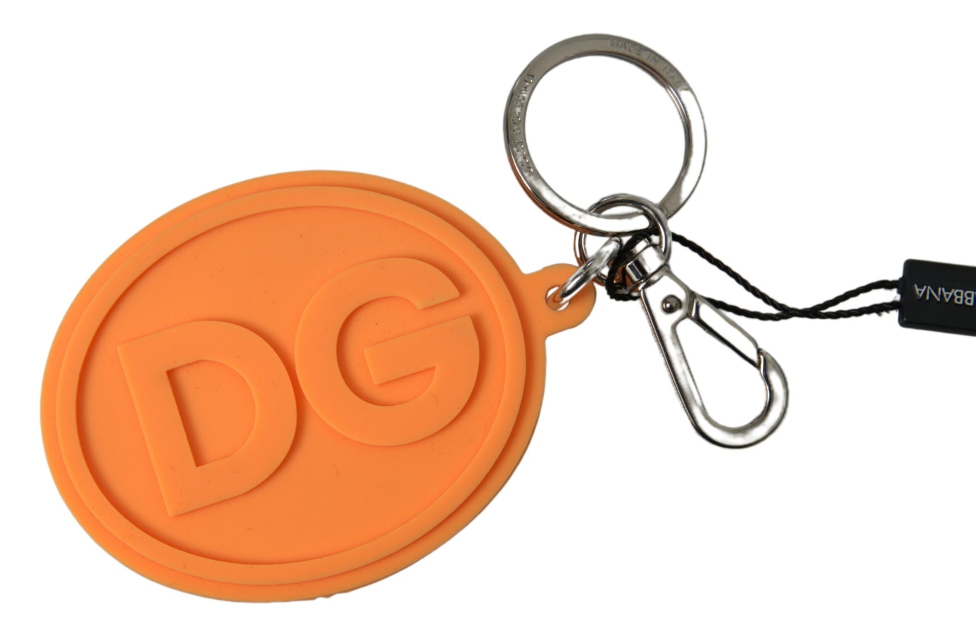 Schlüsselanhänger aus orangefarbenem Gummi mit DG-Logo und goldenem Messing