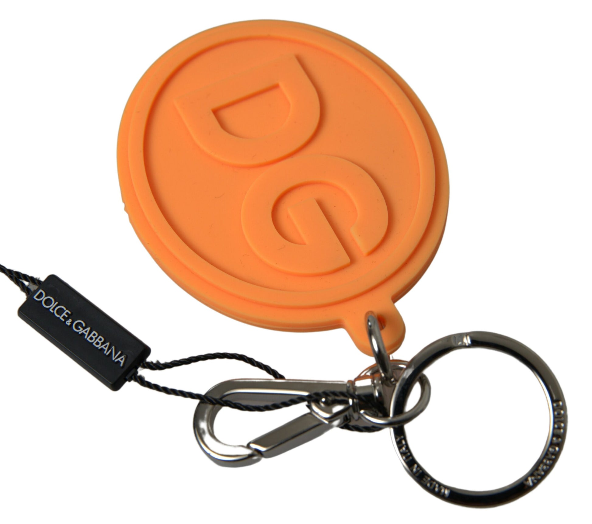 Schlüsselanhänger aus orangefarbenem Gummi mit DG-Logo und goldenem Messing