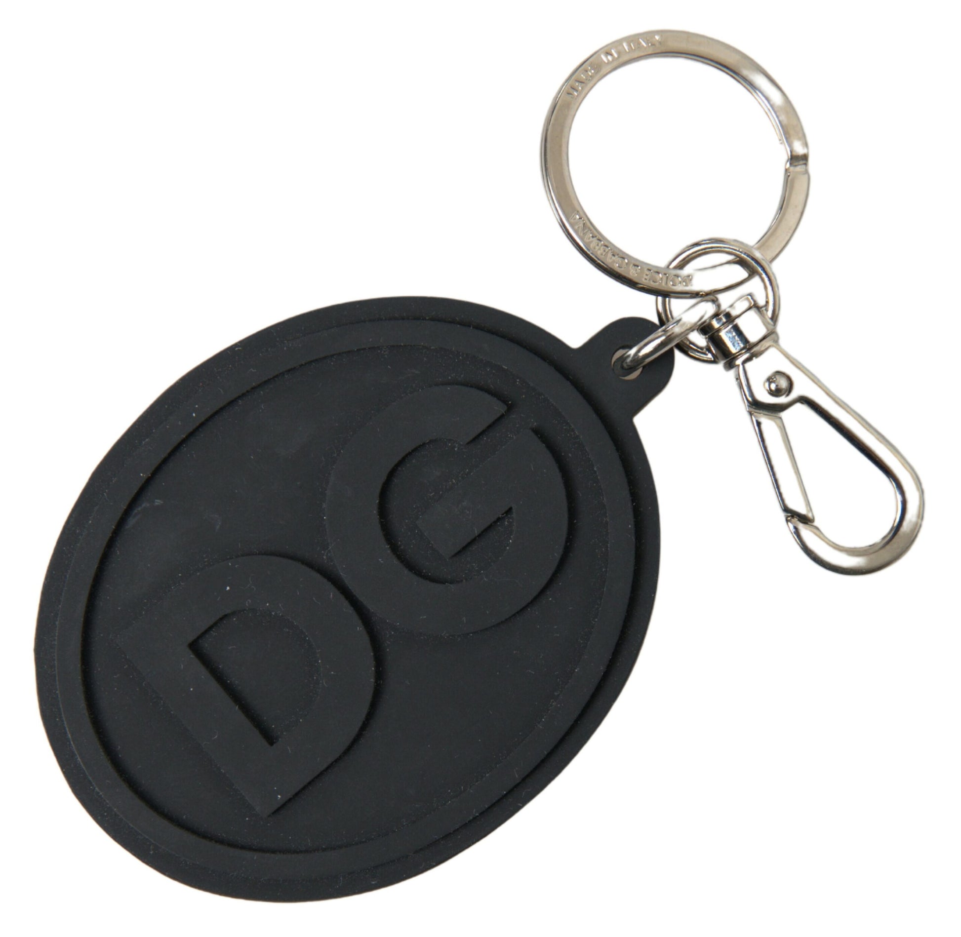Schlüsselanhänger aus schwarzem Gummi mit DG-Logo und silbernem Messing