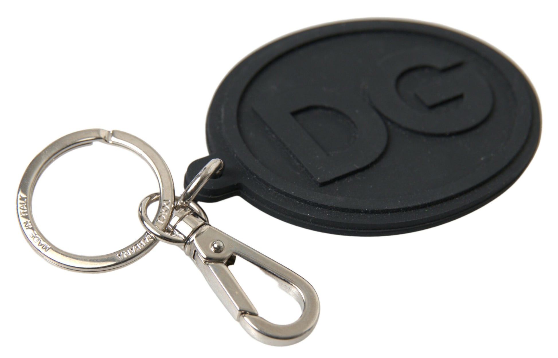 Schlüsselanhänger aus schwarzem Gummi mit DG-Logo und silbernem Messing