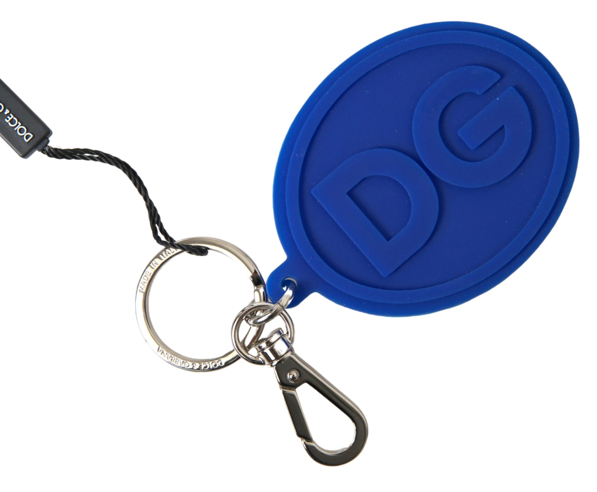 Schlüsselanhänger mit DG-Logo aus blauem Gummi und silbernem Messing