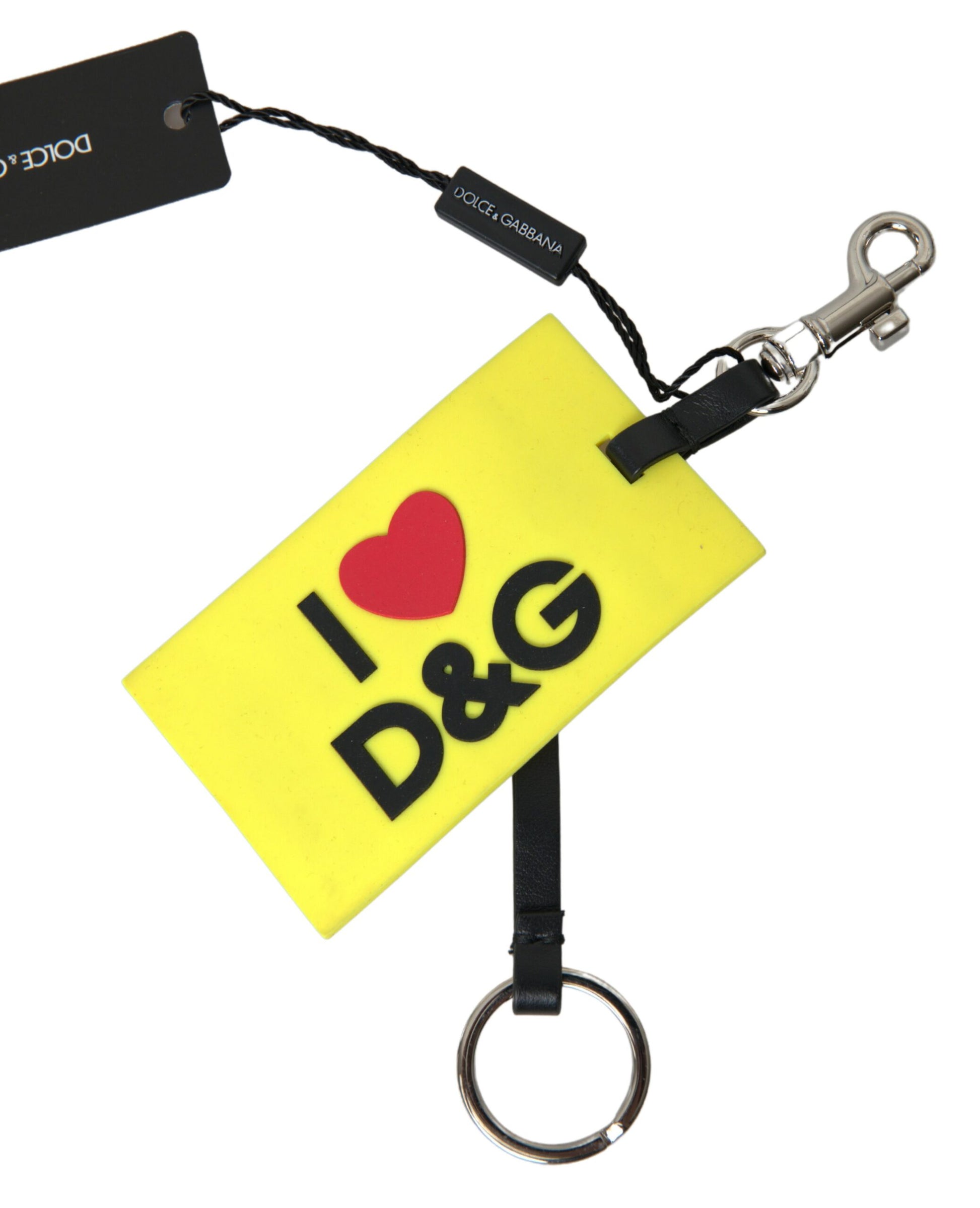 Gelber Silikon-Schlüsselanhänger mit DG-Logo und goldenem Messing