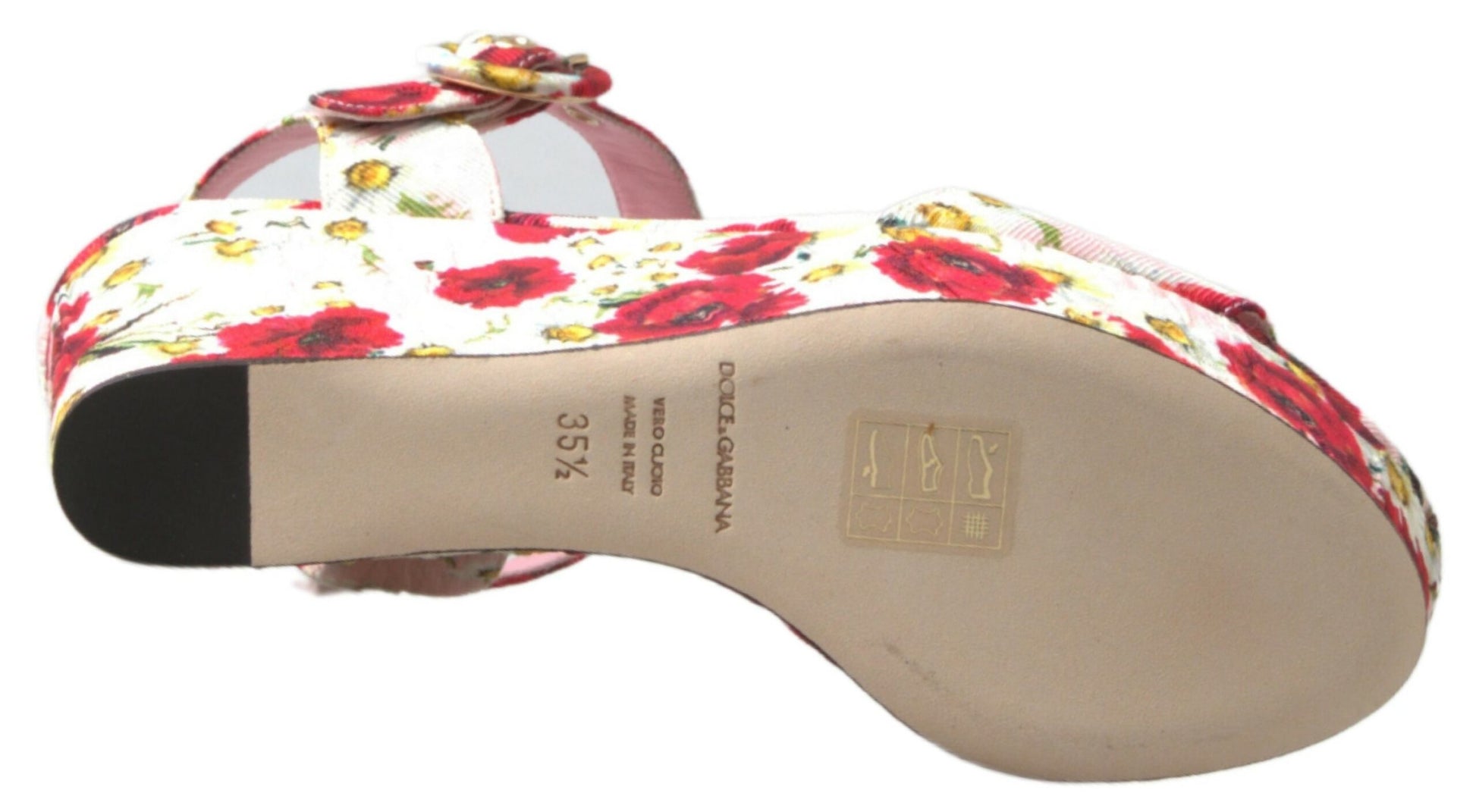 Mehrfarbige Sandalen mit Keilabsatz und floralem Knöchelriemen