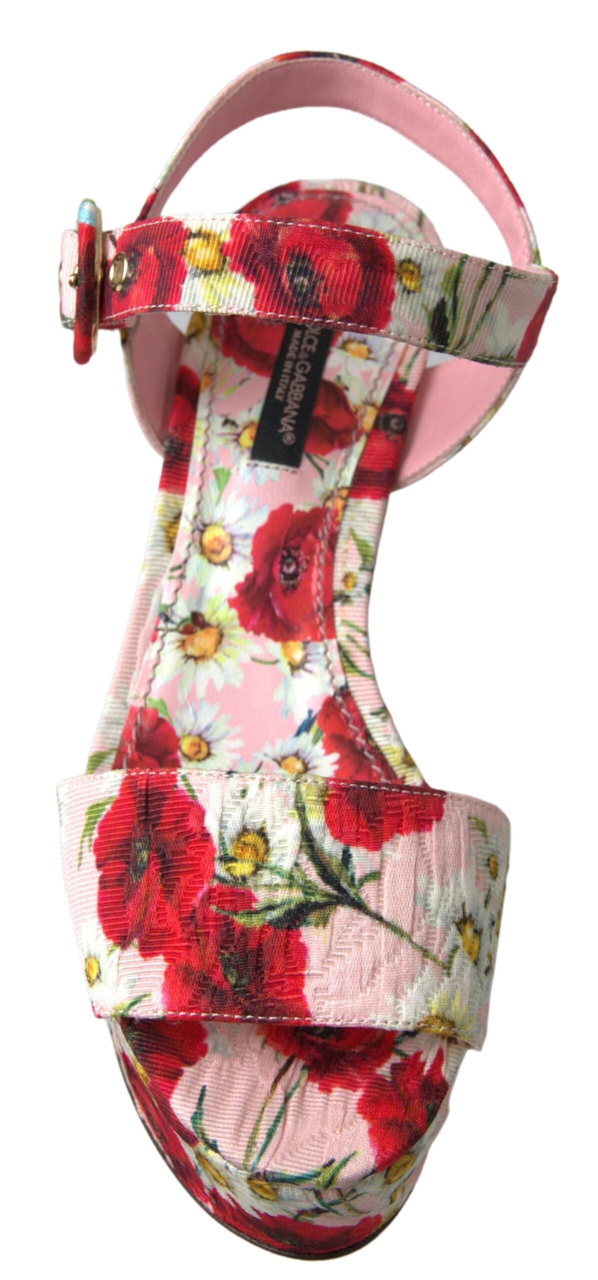 Mehrfarbige Sandalen mit Keilabsatz und floralem Knöchelriemen