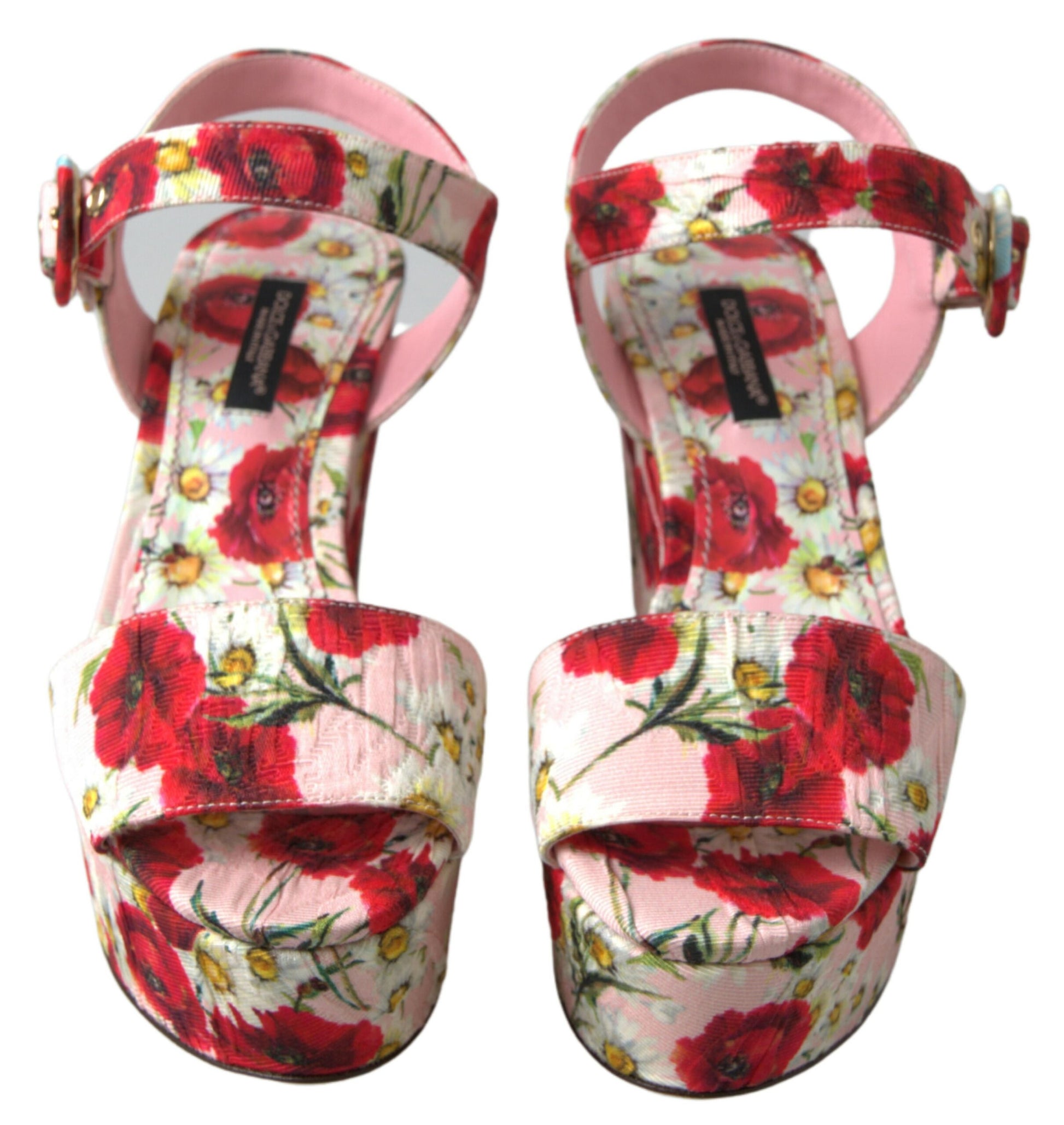 Mehrfarbige Sandalen mit Keilabsatz und floralem Knöchelriemen