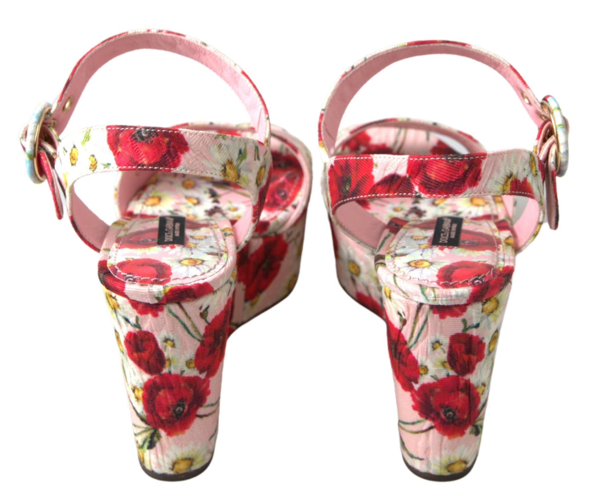 Mehrfarbige Sandalen mit Keilabsatz und floralem Knöchelriemen