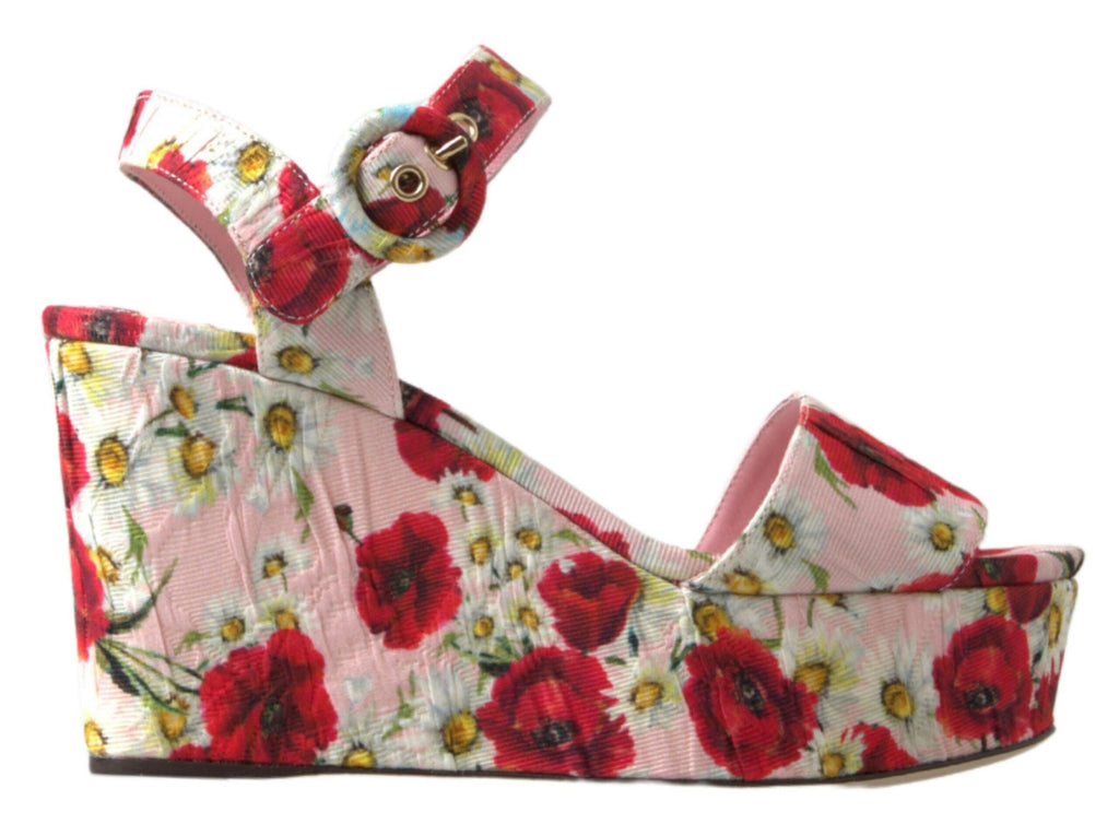 Mehrfarbige Sandalen mit Keilabsatz und floralem Knöchelriemen
