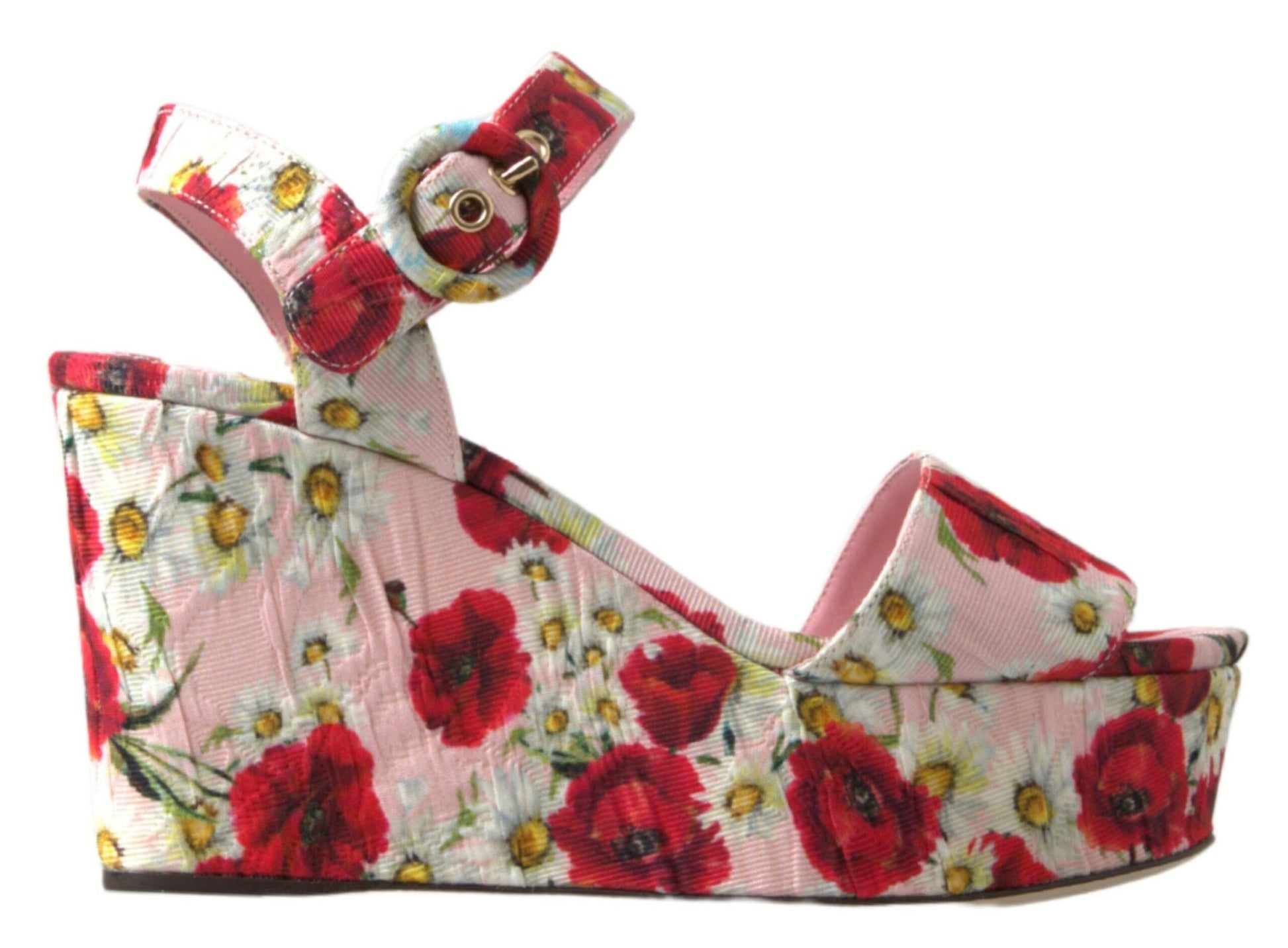 Mehrfarbige Sandalen mit Keilabsatz und floralem Knöchelriemen