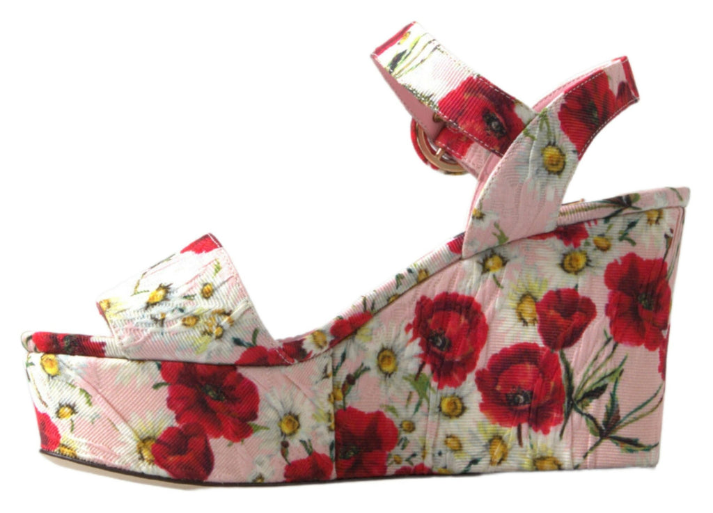 Mehrfarbige Sandalen mit Keilabsatz und floralem Knöchelriemen