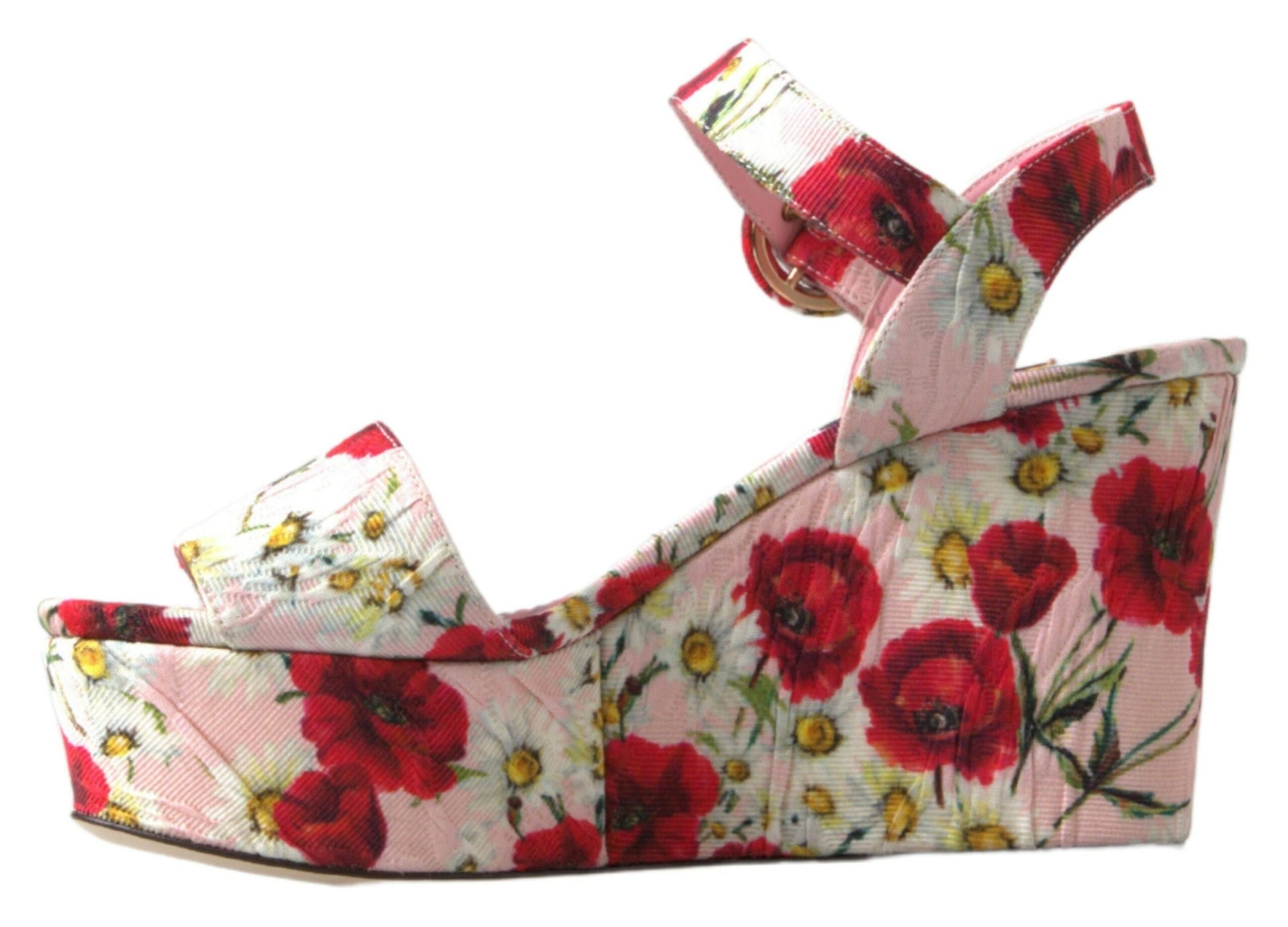 Mehrfarbige Sandalen mit Keilabsatz und floralem Knöchelriemen