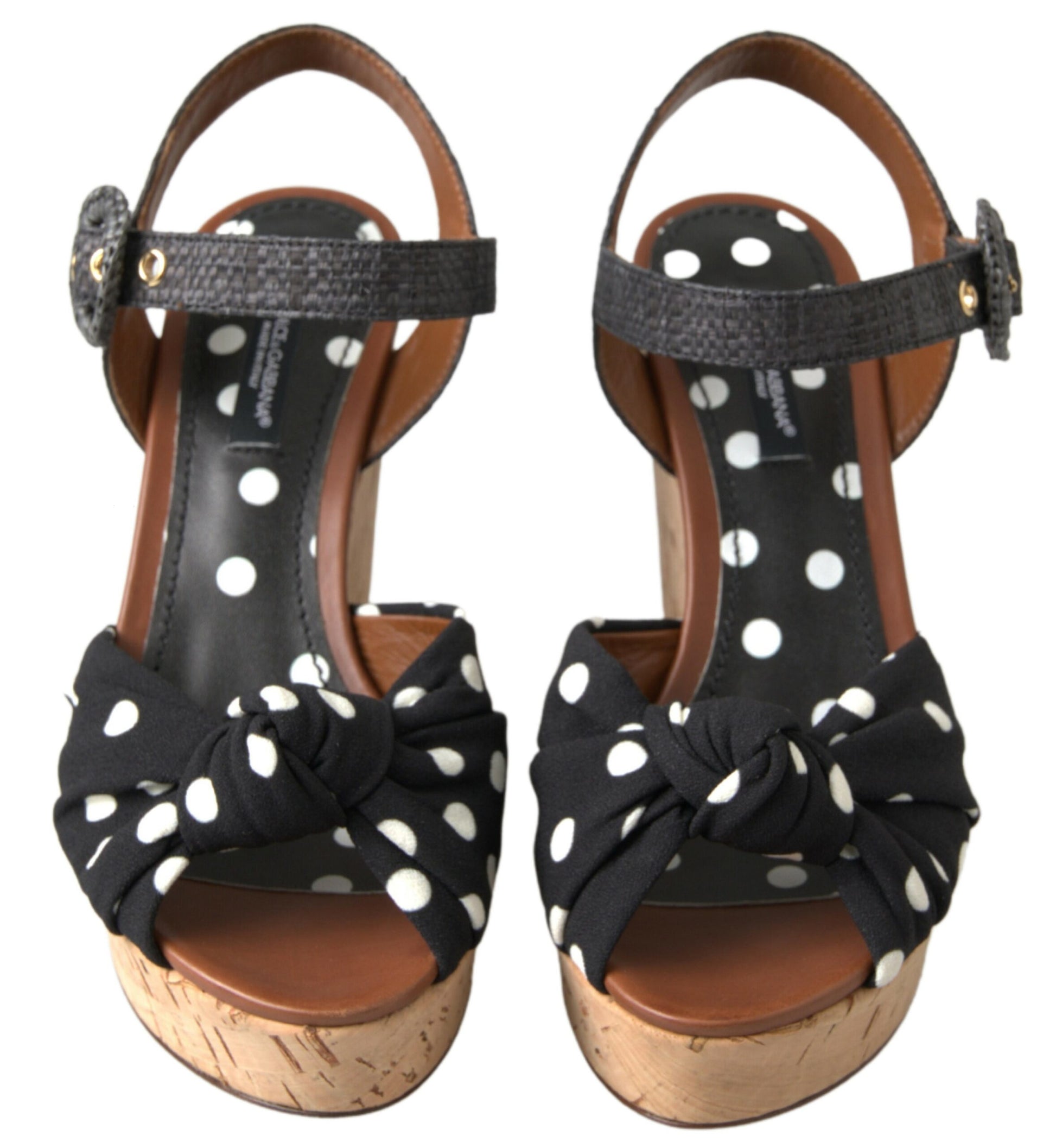 Schwarze Keilabsatz-Sandalen mit gepunktetem Knöchelriemen