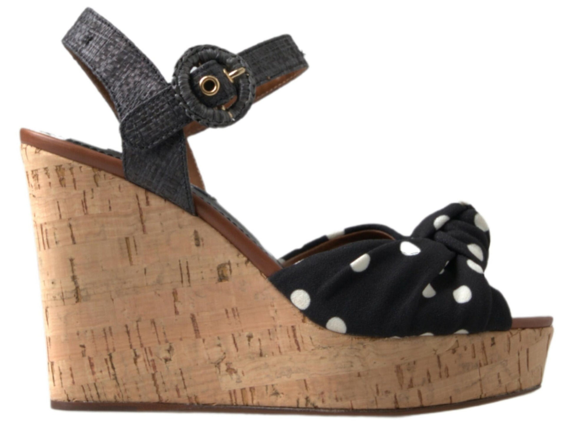 Schwarze Keilabsatz-Sandalen mit gepunktetem Knöchelriemen