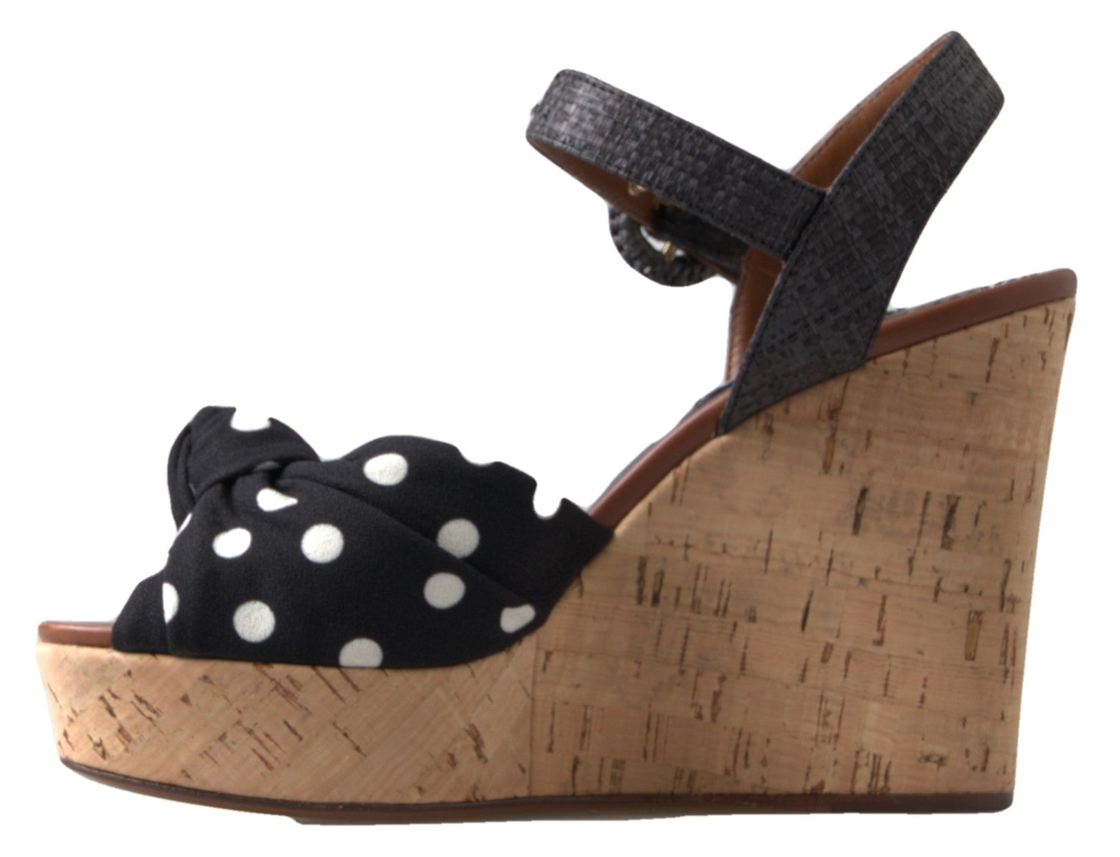 Schwarze Keilabsatz-Sandalen mit gepunktetem Knöchelriemen