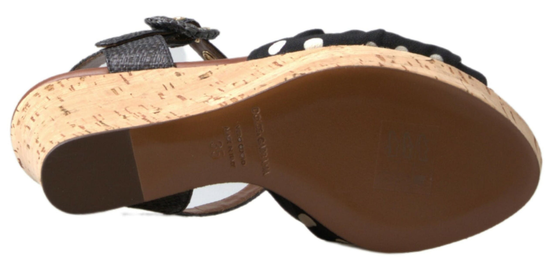 Schwarze Keilabsatz-Sandalen mit gepunktetem Knöchelriemen