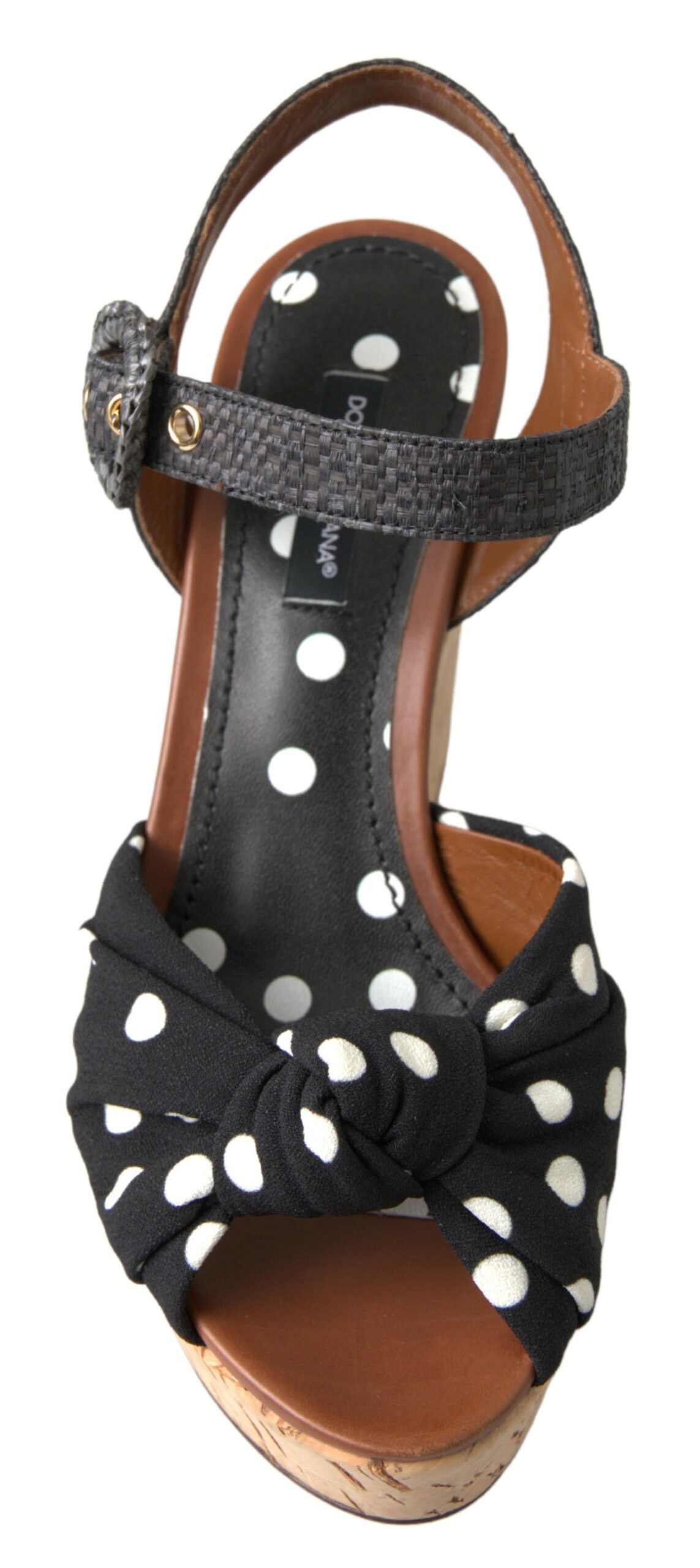Schwarze Keilabsatz-Sandalen mit gepunktetem Knöchelriemen