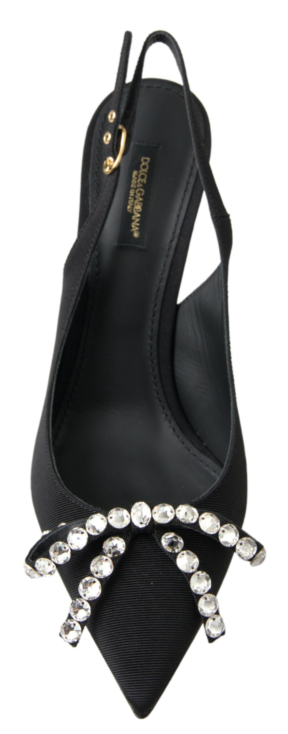 Schwarze Schuhe mit Slingback-Absatz und Kristallverzierung