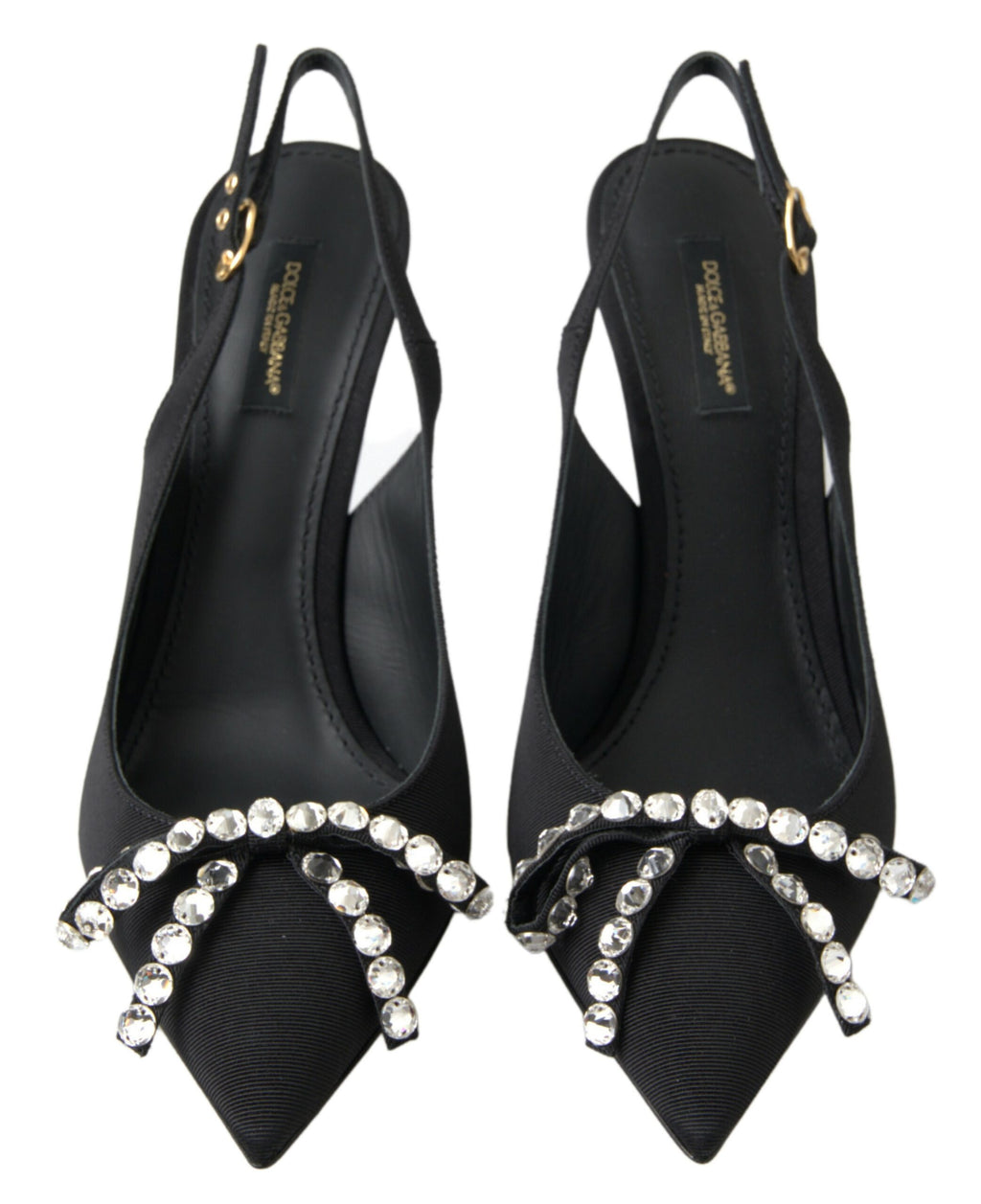 Schwarze Schuhe mit Slingback-Absatz und Kristallverzierung