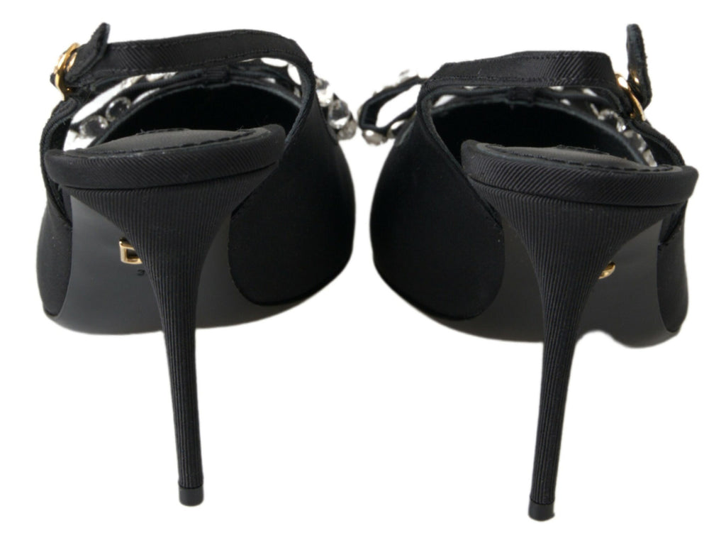 Schwarze Schuhe mit Slingback-Absatz und Kristallverzierung