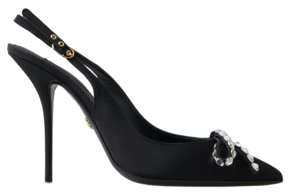 Schwarze Schuhe mit Slingback-Absatz und Kristallverzierung