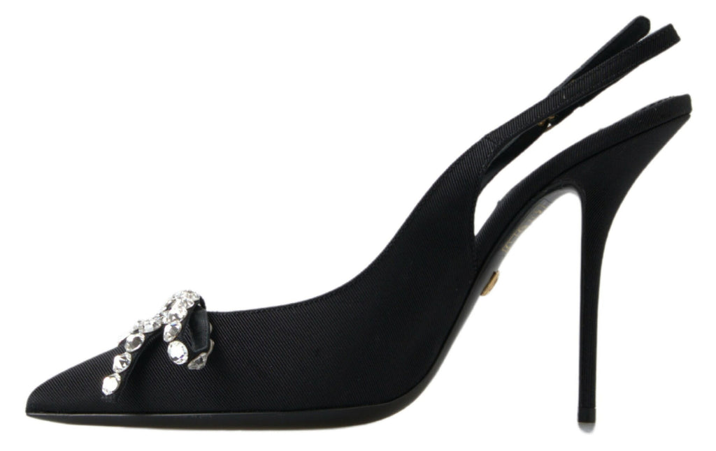 Schwarze Schuhe mit Slingback-Absatz und Kristallverzierung