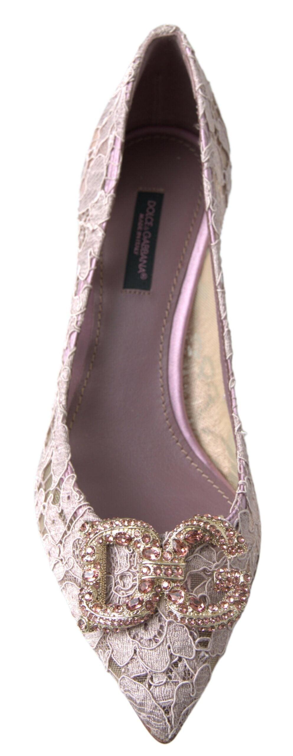 Rosa Pumps mit Blumenspitze und Kristallen in DG-Optik