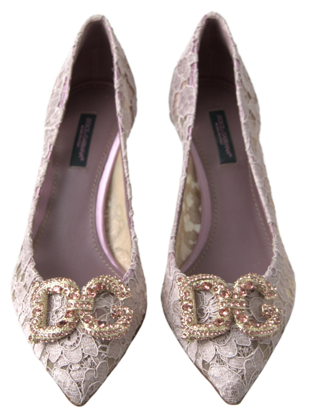 Rosa Pumps mit Blumenspitze und Kristallen in DG-Optik